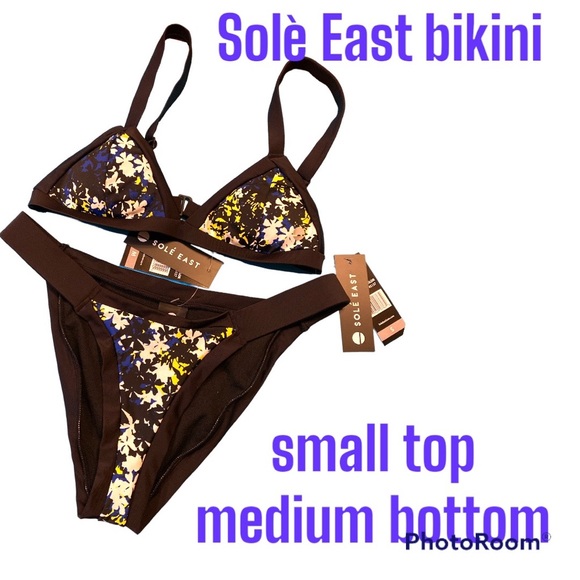 NWT Solè East Women’s Bikini Floral Black Yellow White Blue Small Top Med Bottom - Picture 1 of 5